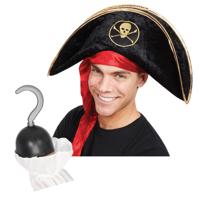 Carnaval verkleed hoed voor een Piraat - zwart - polyester - heren/dames - incl. piratenhaak