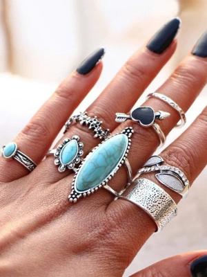 8 stuks Etnisch Stijl Turkoois Hart Ring Set strand Vakantie Juwelen