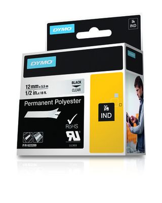 Labeltape DYMO IND RHINO 622289 Polyester Tapekleur: Transparant Tekstkleur:Zwart 12 mm 5.5 m