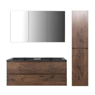 Badkamermeubel Set Callisto Diamond Hangend 120x50x48cm Walnoot Softclose Greeploos Kwartsteen Wastafel 2 Kraangaten Overloop met Spiegelkast en Badkamerkast