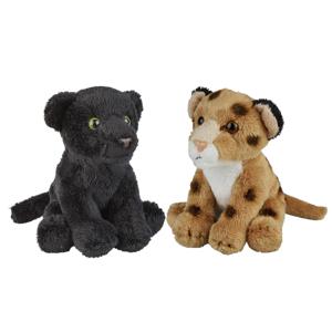 Safari dieren serie pluche knuffels 2x stuks - Zwarte Panter en Luipaard van 15 cm