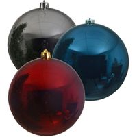 Kerstversieringen set van 6x grote kunststof kerstballen blauw-zilver-rood 14 cm glans - thumbnail