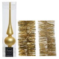 Kerstversiering glazen piek mat 26 cm en folieslingers pakket goud van 3x stuks