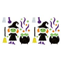 Horror gel raamstickers heks - 2x - 20 x 25 cm - oranje - Halloween thema decoratie/versiering