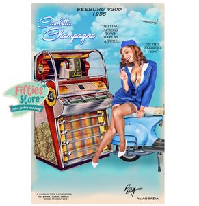 Seeburg V200 Jukebox Pin-Up Carlotta Champagne Zwaar Metalen Bord 44,5 x 29 cm