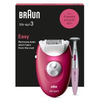 Braun Silk-épil 3 Bedraad Epilator voor dames, voor ontharing, opzetstukken voor scheerapparaat, trimmer en massage voor lichaam, 3-202, framboos