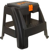 Opstap kruk - grijs/oranje - 47 x 41,5 x 42 cm - met afsluitbaar opbergvak en handgreep keukenkruk