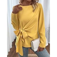 Dames Overhemd Blouse Zwart Geel Veters Effen Casual Lange mouw Ronde hals Modieus Normale pasvorm Lente Herfst