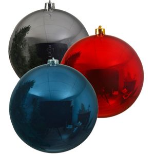 Kerstversieringen set van 6x grote kunststof kerstballen blauw-zilver-rood 14 cm glans