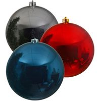 Kerstversieringen set van 6x grote kunststof kerstballen blauw-zilver-rood 14 cm glans - thumbnail