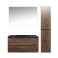 Badkamermeubel Set Callisto Diamond Hangend 100x50x48cm Walnoot Softclose Greeploos Kwartsteen Wastafel Zonder Kraangat Overloop met Spiegelkast en Badkamerkast