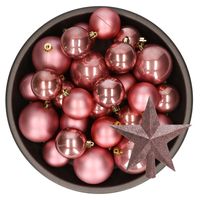 Kerstversiering kunststof kerstballen met piek oud roze 6-8-10 cm pakket van 45x stuks - thumbnail