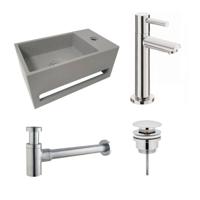 Fonteinset S.S. Solid Surface Rechts 35.6x20.3x15.9cm Toiletkraan Hendel Clickwaste Sifon Chroom/Betonlook