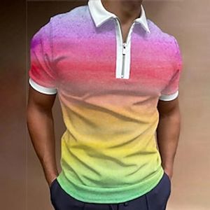 Voor heren POLO Shirt Revers polo Polo met rits Golfshirt Regenboog Verloop Grafische prints Strijkijzer Blozend Roze blauw Regenboog Buiten Straat Korte Mouw Vetoketju Afdrukken Kleding Modieus Lightinthebox