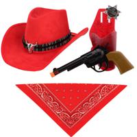 Carnaval verkleedset luxe model cowboyhoed Rodeo - rood - hals zakdoek/revolver - voor volwassen