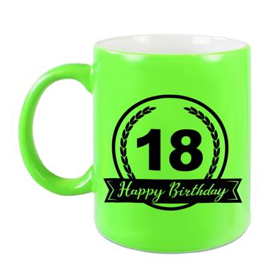 Happy Birthday 18 years met wimpel cadeau mok / beker neon groen 330 ml - verjaardagscadeau - feest mokken Happy Birthday 18 years met wimpel cadeau mok / beker neon groen 330 ml - verjaardagscadeau - feest mokken