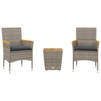 vidaXL 3-delige Bistroset met kussens poly rattan en glas grijs, loungeset, loungeset tuin, loungeset buiten, tuinset, terrasset, tuinset lounge