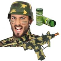 Carnaval verkleed set Leger soldaten helm - camouflage schmink stift - Uzi machinegeweer 23 cm