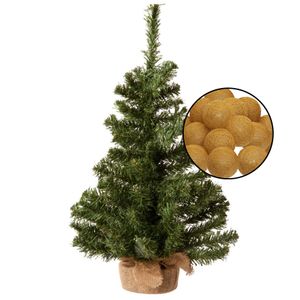 Mini kunst kerstboom groen - met verlichting bollen lichtsnoer geel - H60 cm