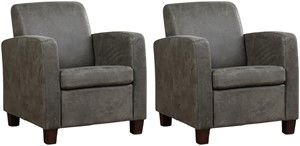 Set van 2 Donkergrijze leren landelijke fauteuils Joy - poot hout zwart - Kenia Leer Antracite (donkergrijs leer)