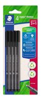 STAEDTLER Driehoekige fineliner triplus, zwart, van gerecycled kunststof, superfijne, met metaal gevatte 0,3 mm punt, lange levensduur, 4 zwarte fineliner op blisterkaart, 334 R-9BK