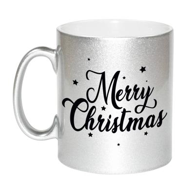 Kerstcadeau kerstmok zilver Merry Christmas met sterren 330 ml - Bekers