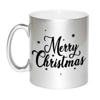 Kerstcadeau kerstmok zilver Merry Christmas met sterren 330 ml - Bekers