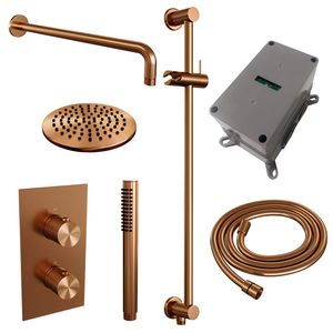 Regendoucheset Inbouw Brauer Copper Carving Thermostatisch 20 cm met 3-Weg Omstelling, Gebogen Wandarm, Glijstang en Staaf Handdouche Geborsteld Koper