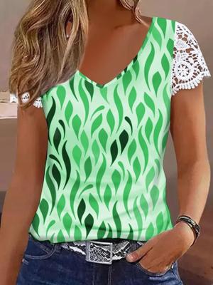 Casual Patchwork lace Geometric Printed V Neck Blouses Casual Patchwork lace Geometric Printed V Neck Blouses