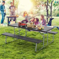 Opvouwbare Picknicktafel met 2 Banken 183 cm Campingtafelset met Metalen Frame Weerbestendig Hdpe-Tafelblad en Parasolgat