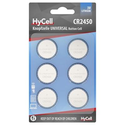 HyCell Lithium knoopcellen CR2450 3V, 6 stuks, lange houdbaarheid, voor rekenmachine, weegschaal, klok, autosleutel, garage-opener, afstandsbediening, licht