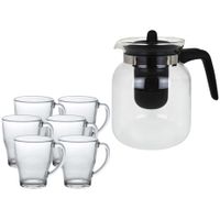 Glazen theepot met filter/infuser van 1,5 liter met 6x stuks theeglazen van 350 ml - thumbnail