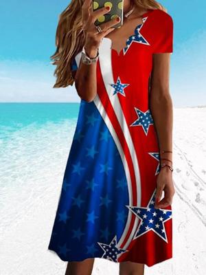 Flag Day Scallop V-Neck Floral Casual Knit Dress