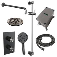 Regendoucheset Inbouw Brauer Gunmetal Carving Thermostatisch 20 cm met 3-Weg Omstelling, Gebogen Wandarm, Glijstang en Handdouche 3-Standen Geborsteld