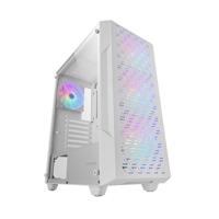 Mars Gaming MC-GEO, ATX Gaming Behuizing, 4x FRGB Rainbow 12cm Ventilatoren, Geometrisch Mesh Voorpaneel, Zijvenster Gehard Glas, PC Semitower Dubbele Kamer, Ondersteuning voor Waterkoeling, Wit