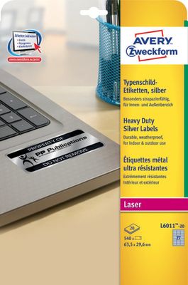 Avery-Zweckform L6011-20 Etiketten voor typeplaatjes 63.5 x 29.6 mm Polyester folie Zilver 540 stuk(s) Permanent hechtend Laser (zwart/wit), Kopiëren