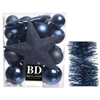 Kerstversiering kerstballen 5-6-8 cm met ster piek en folieslingers pakket donkerblauw van 35x stuks - thumbnail