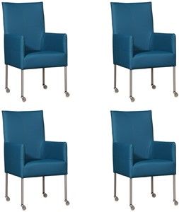 Set van 4 Blauwe leren moderne eetkamerstoelen Spark - poot rond rvs met wiel - Toledo Leer Turquoise (blauw leer)