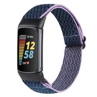 By Qubix - Compatible met Fitbit Charge 5 - Fitbit Charge 6 Elastische solo loop nylon bandje - Donkerblauw met paars - Compatible fitbit bandje