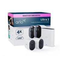 Arlo Ultra 2 draadloze WiFi-beveiligingscamera voor buiten, 4K UHD, 180˚ kleurennachtzicht, sirene, bewegingsdetectie, 2-weg-audio, Smart Hub inbegrepen, incl. proefp. Arlo Secure, 2 cam-kit, wit