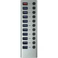 MaxTrack USB 3.0 Hub CH12L - USB 3.0 hub met 10 USB-poorten, 1 laadpoort voor mobiele apparaten, USB-hub met voeding, 5 Gbps, USB hub actief, 2,4 A laadstation, afzonderlijk schakelbaar