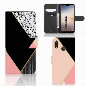 Huawei P20 Lite Book Case Zwart Roze Vormen