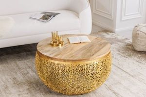 Design salontafel ABSTRACT LEAF 80cm goud massief mangohout handgemaakt metaal rond - 42250