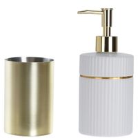 Badkamer accessoires setje drinkbeker en zeeppompje 19 cm wit/goud