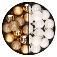 28x stuks kleine kunststof kerstballen goud en parelmoer wit 3 cm   -