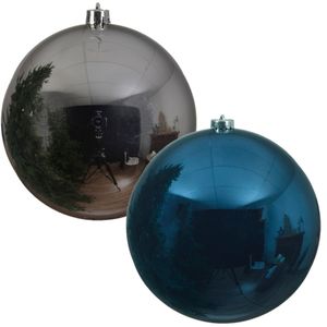 Kerstversieringen set van 6x grote kunststof kerstballen blauw en zilver 14 cm glans