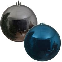 Kerstversieringen set van 6x grote kunststof kerstballen blauw en zilver 14 cm glans - thumbnail