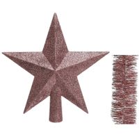 Kerstversiering kunststof glitter ster piek 19 cm en folieslingers pakket oud roze van 3x stuks