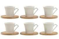 Set van 6 porseleinen koffiekopjes met bamboebodem, inhoud 90 ml, minimalistisch design in wit, ideaal voor koffie, perfect voor dagelijks gebruik, keukendecoratie of speciale details