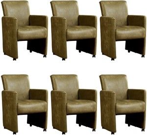 Set van 6 Olijfgroene leren moderne eetkamerfauteuils Elegant - Kenia Leer Olive (olijfgroen leer)